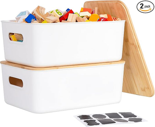 Citylife Storage Bins with Bamboo Lids 16QT Plastic Storage Containers Stackable Organizer Boxes with Handle for Desk Snacks, Toys, 2 PCS, 15" L x 10.6" W x5.8 H by CITYLIFEHomeOrganization