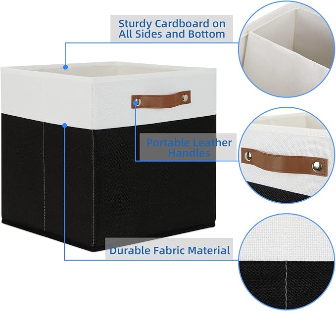 Temary Fabric Storage Bin 4 Pack Cube Storage Bin for Shelf Fabric Cube Storage Basket 13 Inch Cube Storage Bins Foldable Storage Cubes with Leather Handles(White&Black) - Image 3
