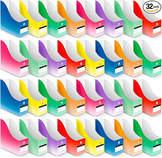 32 Pcs Magazine File Holder Set Including Colored Foldable Desk File Holder Organizer White Label Stickers Cat Pen Cardboard Magazine Storage Box for Document School Office (Gradient,Classic) by Jutom