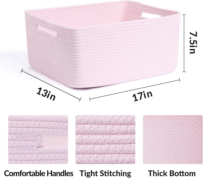 MiniArk Large Storage Baskets for Organizing, 17 x 13 x 7.5” Closet Shelf Baskets for Clothes Blanket Towels, Baby Nursery, Toy Bins Box, Woven Rope Baskets, 4 Packs Light Pink - Image 2