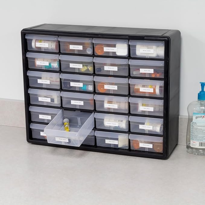 Akro-Mils 24-Drawer Plastic Storage Cabinet | 20" W x 6" D x 16" H | Black | Model 10124 | Garage Organization - Image 9