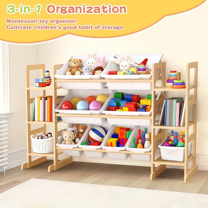 Fuilee Wooden Toy Storage Organizer for Kids, Multi-Tier Toy Organizer with Bins & Side Montessori Bookshelves, Sturdy Natural Wood Playroom Storage Solution for Toys, Books, Games - Image 5