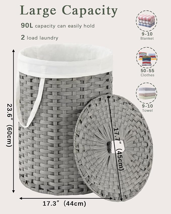 SETVSON Laundry Basket with Lid 23.8 Gal Round Laundry Hamper Grey | The lid hides dirty clothes, keeping spaces neat and fresh. 90 L Large Capacity, Stylish Design with Handles Easy Transport - Image 2