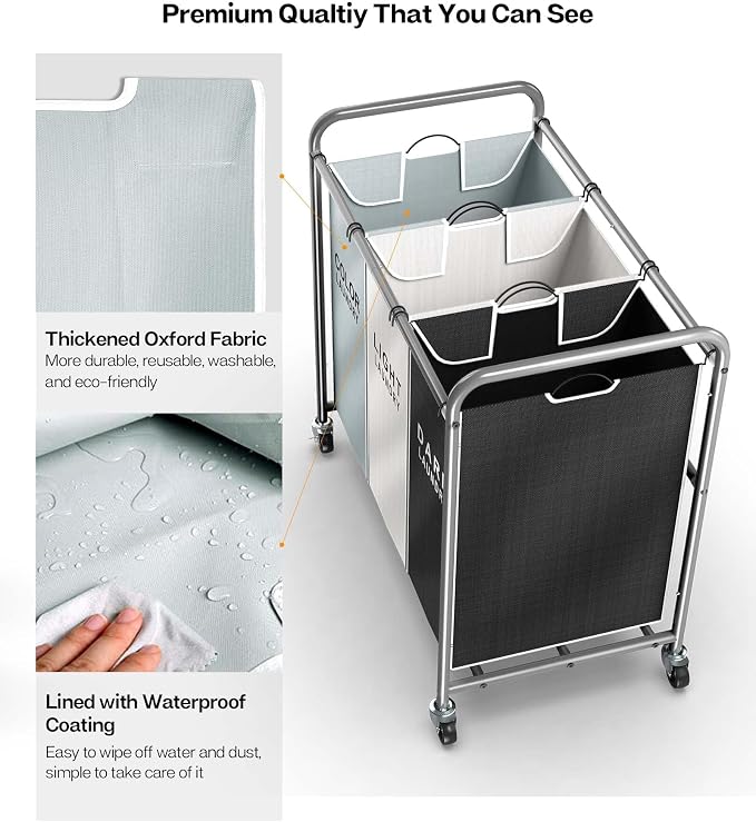 ROMOON Laundry Sorter Hamper 3 Section, Divided Laundry Basket Organizer | Rolling Clothes Hamper with Heavy Duty Lockable Wheels and Removable Bags for Apartment, Dorm & Family, 135L, Multicolor - Image 5