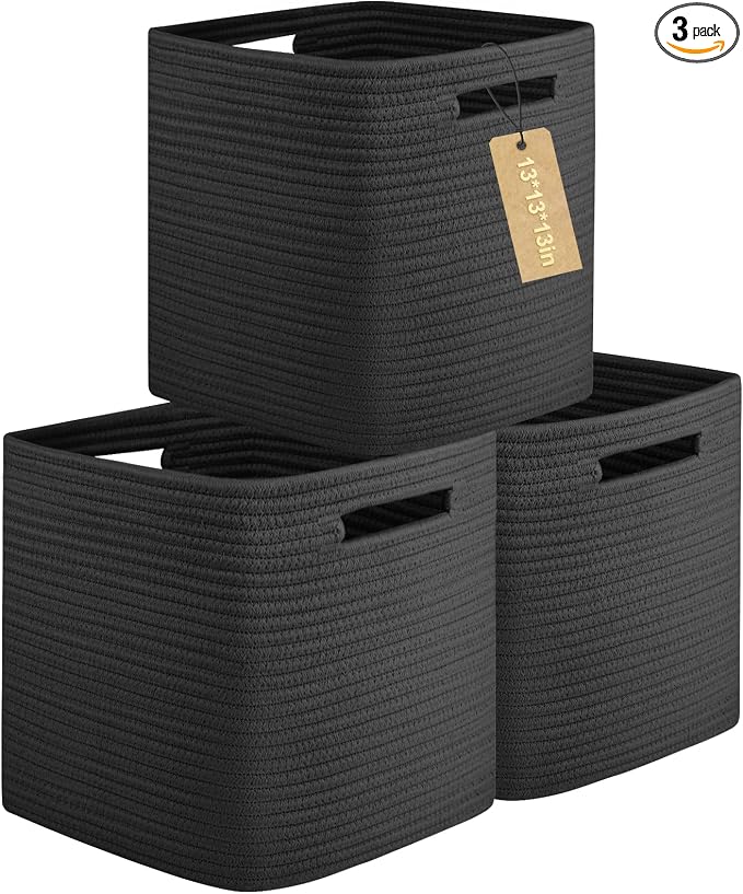 OIAHOMY 2 PACK Cube Storage Bin 13 Inch Collapsible Storage Cube Black | Cube Storage Organizer Storage Bins for Shelves Baskets for Organizing Woven Rope Storage Baskets by MasterofSpaceOptimization