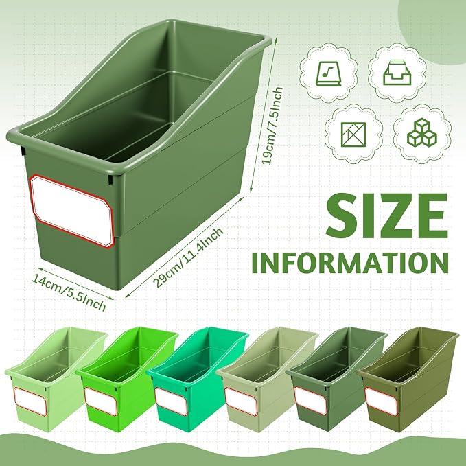 Teling 12 Pcs Book Bins Bulk for Classroom Storage Plastic Magazine Holder with Label Interlocking File Folder Organizer Binder Container Box for School Office Desktop Bookshelf Home (Gradient Green) - Image 4