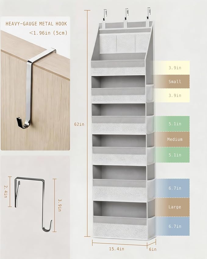 KMSCO Over The Door Organizer 6 Large +13 Mesh Side Pockets | 55lbs capacity, heavy duty non-woven fabric.Ideal for nursery, bathroom, pantry, closet. Grey, 1 pack. - Image 2
