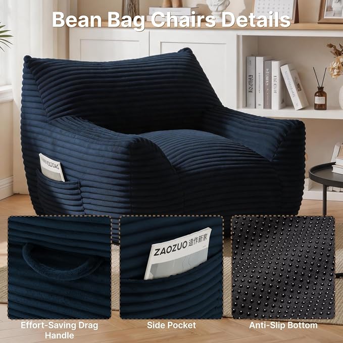 Bean Bag Chair for Adults & Kids, Giant Bean Bag Sofa with Side Pocket, Corduroy Beanbag Chair with Armrests, Comfy Stuffed Floor Sofa for Living Room Bedroom Dorm, Blue - Image 6