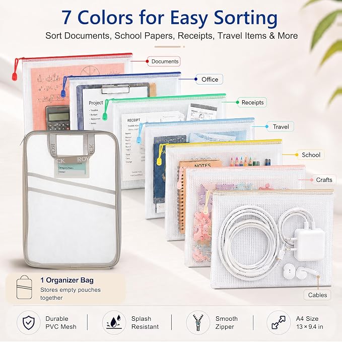 7 Pack PVC Mesh Zipper Pouch Set with 1 Organizer Bag, 8pcs | A4 Letter Translucent PVC File Bags for Office Papers College Handouts Receipts Contracts and Travel Documents - Image 4