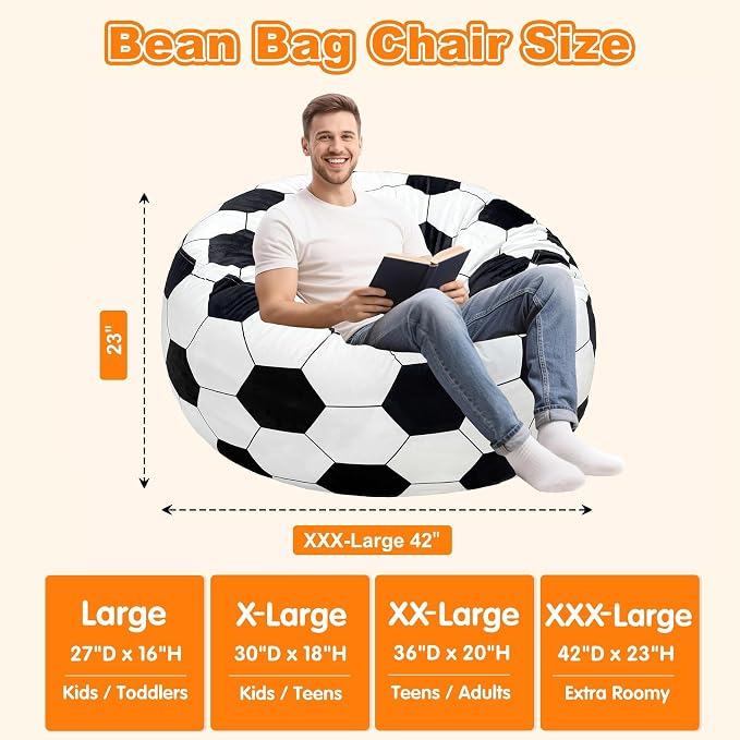 Lukeight Soccer Bean Bag Chair for Teens and Adults, Memory Foam Filled Floor Lounger, Washable Velvet Cover with Inner Liner, Beanbag Chair with Filling for Gaming and Reading, XXX-Large 42"D x 23"H - Image 2
