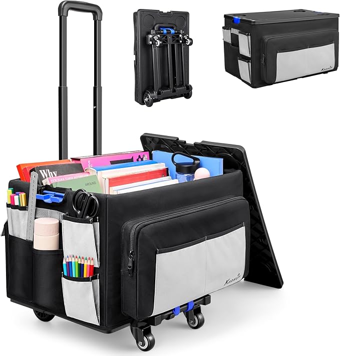 KEDSUM 2 in 1 Rolling Cart with Canvas Organizer Bag, 290LBS/70L Capacity Collapsible Teacher Rolling Cart with Lid for School, Craft, Office & Garden, Ideal for Teacher, Therapist & Crafter by KEDSUM
