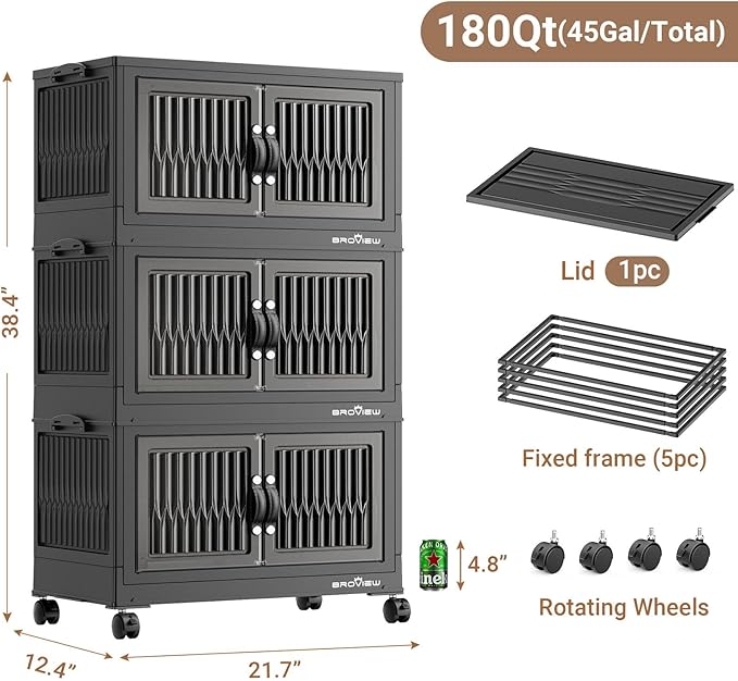 BROVIEW 180Qt Stackable Storage Bins with Lid, Extra Large Closet Organizer Collapsible Drawer Boxes with Wheels, Folding Plastic Cabinet Containers for Home Kitchen Room Organization, 3Pack Black - Image 2
