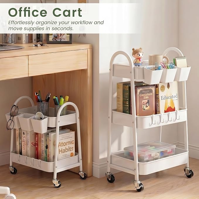danpinera 2-Tier Rolling Cart, Utility Cart Mobile Metal Rolling Storage Cart with Lockable Wheels & Hanging Cups & Hooks for Kitchen, Bathroom, Office, Workshop, Purple - Image 7