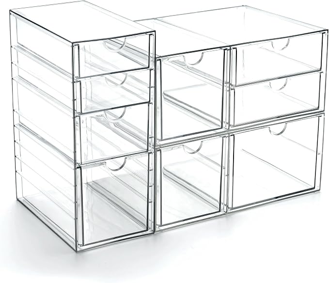 Prsildan Acrylic Drawer Makeup Organizer with 9 Drawers, Set of 3 Office Desk Organizers Accessories, Clear Stackable Storage Drawers for Vanity, Countertop, Craft, Jewelry, Art Supply Organization by Prsildan