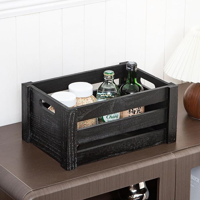 Set of 3 Nesting Wooden Crates, Small Rustic Farmhouse Wood Storage Boxes with Handles, Stackable Compact Organizer Bins for Kitchen Bathroom Bedroom Decor, 3 Sizes & 3 Colors (White, Brown, Black) - Image 9