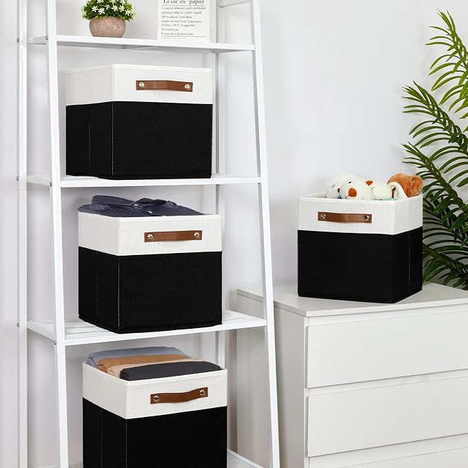 Temary 11 inch Cube Storage Bin 4 Pack Fabric Storage Cubes for Home, Fabric Storage Bin Storage Cube Bins with Leather Handles(White&Black) - Image 6