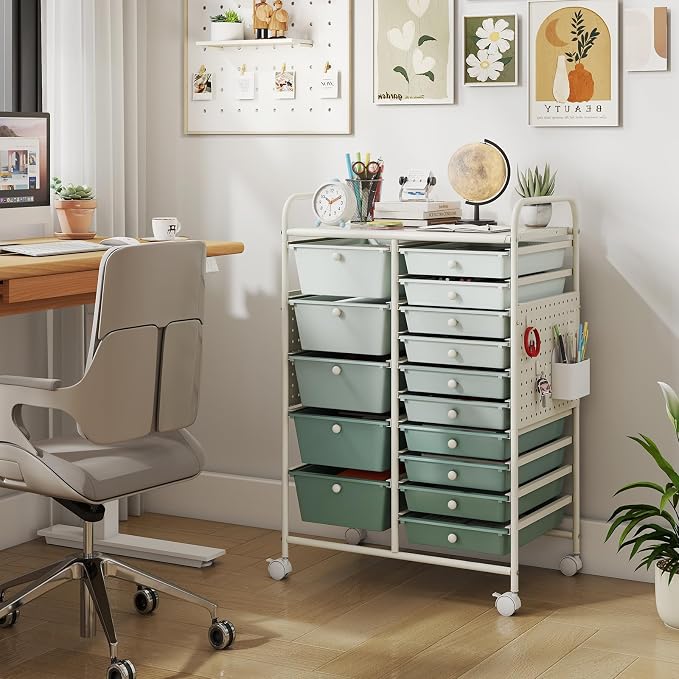 DREAMADE 15-Drawer Rolling Storage Cart, Craft Cart, Gradient Green | Mobile Utility Cart with Metal Pegboard Panels, Tabletop and Lockable Wheels for Classroom, Office, Studio and Playroom - Image 2