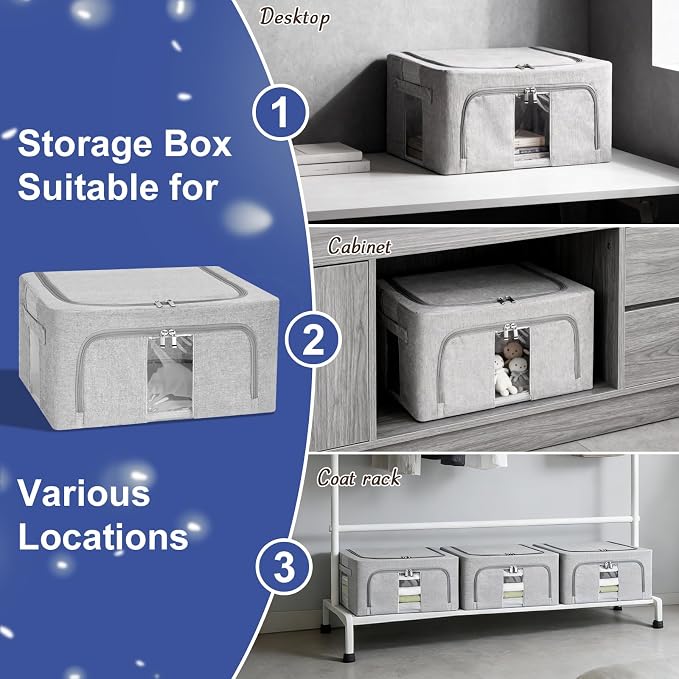 3 Pack Clothes Storage Bins with Metal Frame,Foldable Storage Bin with Lid for Clothes,Stackable Cotton Linen Fabric Organizer Set with Carrying Handles and Clear Window(Grey, 24L) - Image 5