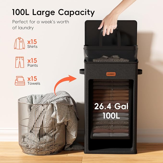 100L Laundry Hamper with Lid, Large Clothes Hampers with Removable Bag, Collapsible Laundry Basket for Bathroom, Bedroom, Laundry Room, Dorm, Black - Image 3