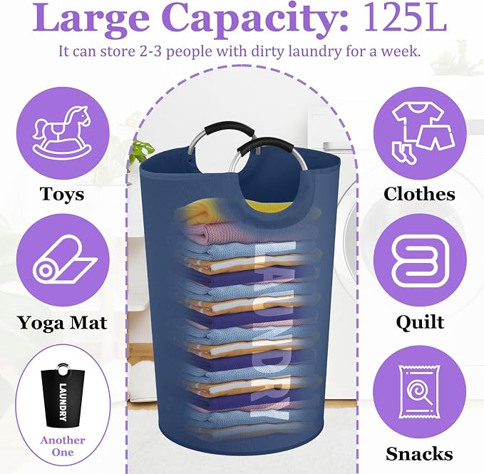 Set of 2 Collapsible Laundry Basket 125L, Tall Laundry Hamper with Comfort Handle, Freestanding Storage Bin for Family, Apartments, Dorm,Black + Navy Blue - Image 3