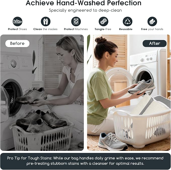 Dual Compartment Shoe Washing Machine Bag for Sneakers, Beige/Gray, 2-Pack | Clasp-Lock Zipper, Reinforced Seams and Bound Edges, Longer & Denser Chenille Strips for 360° Deep Cleaning - Image 8