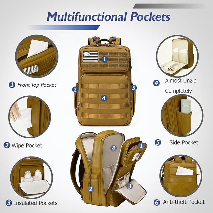 Large Dad Diaper Bag Backpack, Tactical Style, Brown | Stroller Clips, Luggage Sleeve for Travel, Insulated Pockets - Image 5
