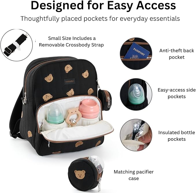 Large Diaper Bag Backpack with Changing Pad, Insulated Bottle Pockets, Travel & Hospital Bag for Mom & Dad (Small - Black Bears) - Image 2