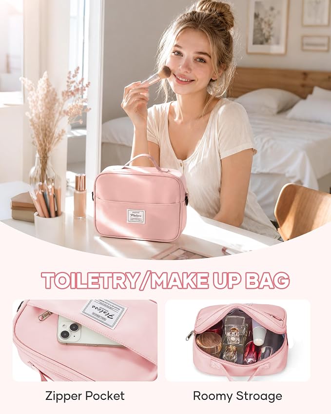Travel Duffel Weekender Bag Women Tote Carry On Bags With Shoe Compartment | 18x14x8 inches Travel Overnight Bags with Trolley Sleeve for Airplanes Waterproof Sport Tote Gym with Toiletry Bag Pink - Image 4