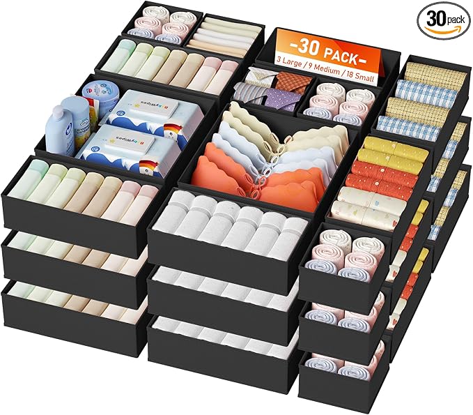 DIMJ Drawer Organizer Clothes, 30 Pack Dresser Organizer, Foldable Closet Organizers and Storage, Fabric Dresser Bins, Drawer Dividers for Nursery, Baby Clothes, Underwears, Sock,Black by DiMJ