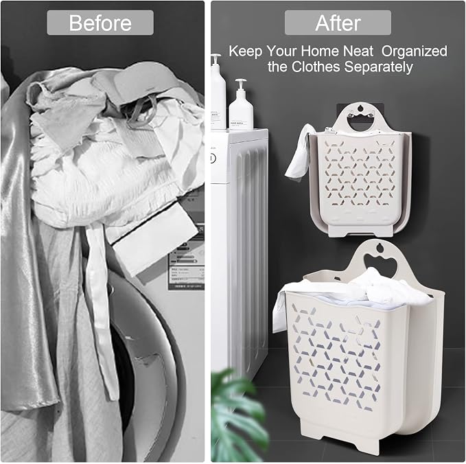 Collapsible Laundry Basket 2Pack,Space-Saving Hanging Clothes Hamper,White | Small plastic hamper, hung on wall/door. Ventilated, slim & portable. Narrow for bathroom, kitchen, travel, dorm, nursery. - Image 4