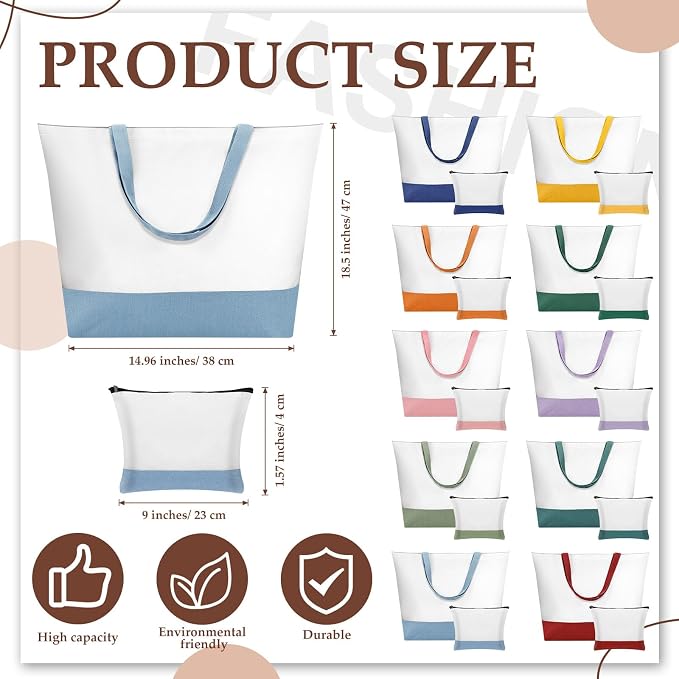 Sanwuta 20 Pcs Large Blank Canvas Tote Bags and Makeup Bags Blank Reusable Grocery Luggage Canvas Tote with Handles (Rainbow Essentials) - Image 3