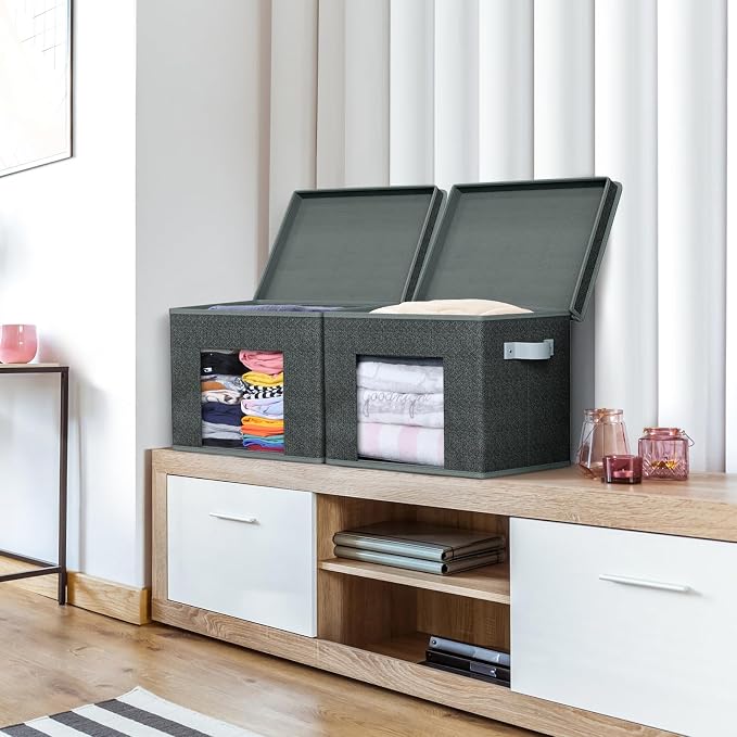 Univivi Fabric Storage Bins with Lids for Closet, 4 Pack, Black | Large Foldable Storage Boxes, Sturdy Collapsible Storage Bins with Clear Window, Storage Bins for Home, Closet, Shelves - Image 5
