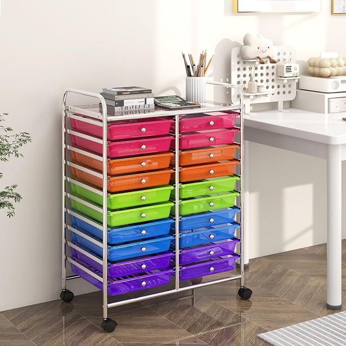 RELAX4LIFE 20 Drawer Rolling Storage Cart, Mobile Rolling Cart w/Drawers for School Classroom Teacher Office Home Salon, Paper File Art Supply Craft Organizer, Utility Cart on Wheels (Rainbow) - Image 8
