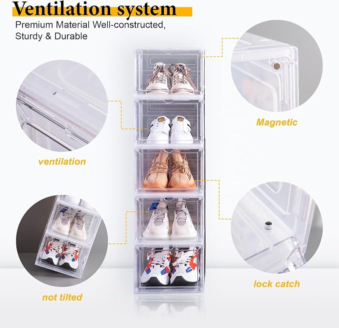 Attelite Shoe Storage Boxes Stackable Clear Shoe Organizer,6 Pack Black | Clear Shoe Box for Entryway Closet,Fit up to Men's Size 12,Magnetic Door,Tool-free Assembly,Drop Front Shoe Box for Sneaker - Image 4