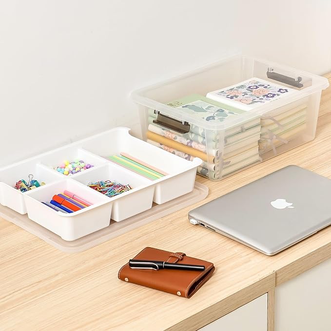 17QT Clear Plastic Craft Storage Box with Removable Tray & Lid - 2 packs | white container, art supply organizer for playdoh, sewing, beads & craft tools, space-saving stackable bins - Image 4