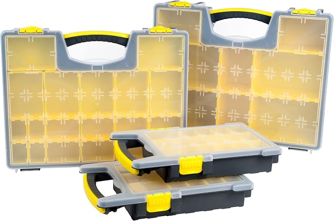Stalwart Storage Organizer Tool Box Set, Yellow/Black, Set of 4 | Plastic Clear Top Bins for Small Parts, Crafting Supplies, and Hardware Organizers with 3 Sizes of Compartments by Stalwart