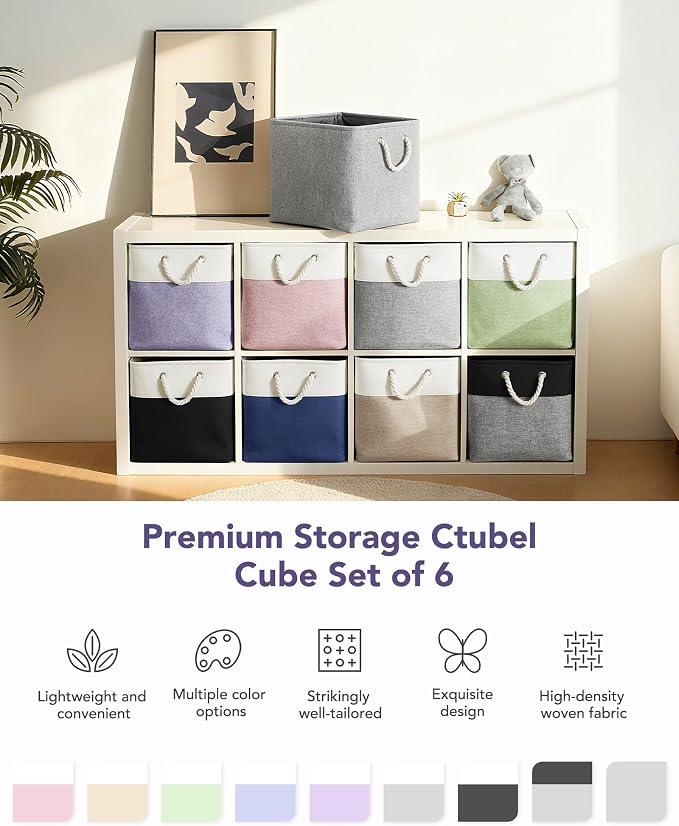 13x15x13 Inch Large Storage Bins with Cotton Rope Handles 6-Pack | Foldable, Top support of metal frame, Bottom with Cardboard Support, Fabric Cube Storage Bins for Closet, White Purple - Image 7