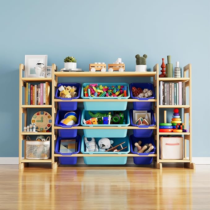 SpaceAid Large Toy Storage Organizer 9 Shelves 9 Bins, Toy Organizers Storage Bookshelf, Kids Bin Shelf Toys Box Bookcase for Bedroom Playroom Organization Room Decor, Blue and Navy Blue by SpaceAid