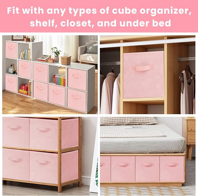 Storage Cubes - 11 Inch Heavy Duty Fabric Storage Bins for Shelves Closet, Cube Organizer - 8 Pack Collapsible Cube Storage Bins Baskets for Organizing Clothes Blankets Toys (Pink) - Image 7