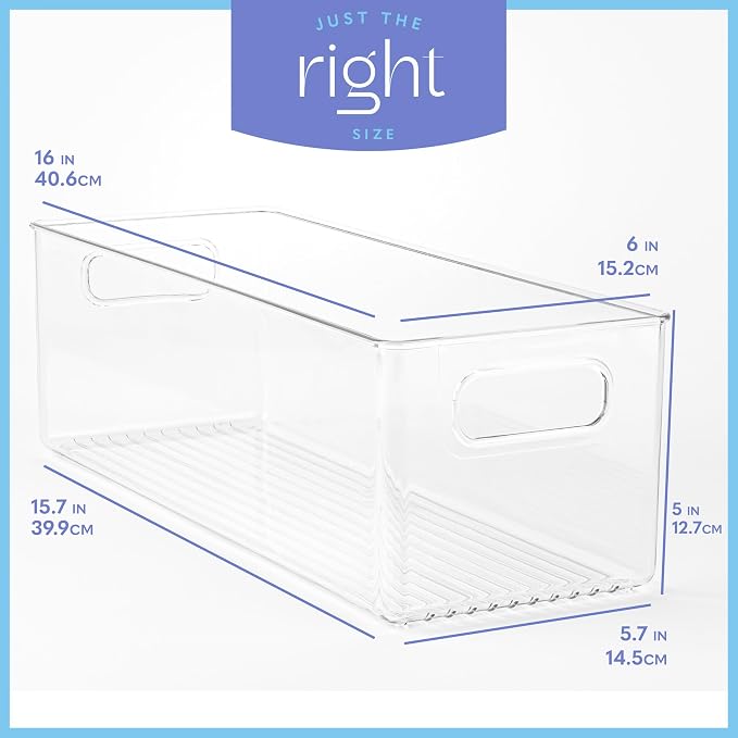 Plastic Food Storage 2 Pack Clear Container Bin with Handles for Organizing Kitchen, Pantry, Refrigerator, Freezer, Pantry, Cabinet, Closet, Bathroom. 16”x6”x5” - Image 3