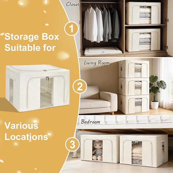3 Pack Clothes Storage Bins with Metal Frame,Foldable Storage Bin with Lid for Clothes,Stackable Cotton Linen Fabric Organizer Set with Carrying Handles and Clear Window(Beige, 66L) - Image 5
