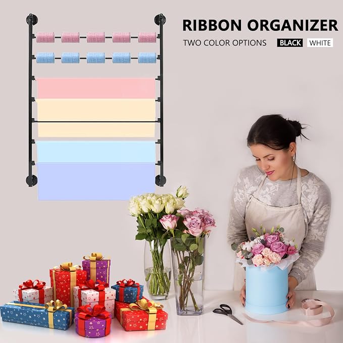 7 Tier Wall Mounted Ribbon Organizer Metal Holder, Black | Holiday/Birthday Gift Wrapping Organizer Storage, Ribbon Storage Rack for Craft Cake Shop Flower Store, Tie Scarf Rack - Image 2