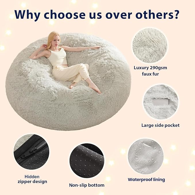 Bean Bag Covers Only, Fluffy Stuffed Beanbag Chair Covers No Filler, Washable Bean Bags Cover for Adults, Stuffed Animal Bean Bag Anti-Slip, 6FT, Light Grey - Image 4