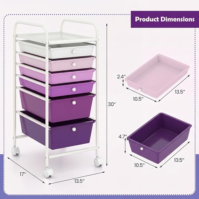 GOFLAME 6-Drawer Rolling Storage Cart, Multifunctional Art Craft Organizer Cart, Mobile Utility Storage Cart with Removable Drawers & Lockable Wheels, Craft Cart for Home Office, Purple Gradient - Image 3