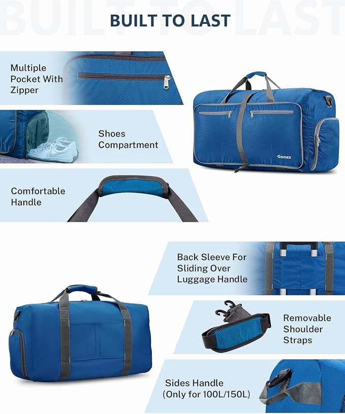 Gonex Foldable Travel Duffle Bag, Lightweight with Shoe Compartment | 210D Nylon, Water-Repellent, Folds Compact, Multiple Pockets, Luggage Sleeve, Travel & Weekend Use, 40L, Deep Blue - Image 5