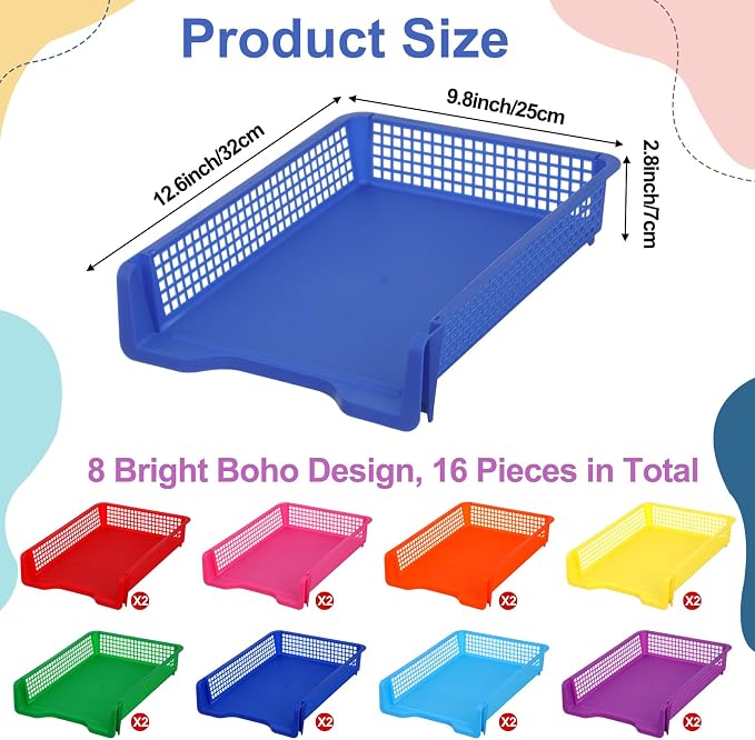 16 Pack Colorful Plastic Turn in Paper Trays for Classroom Storage Bin Basket Organizers for School Teacher Supplies Classroom Office Home Organization Storage Tray Holds 4A Paper File Document - Image 2