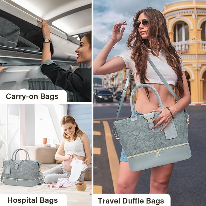 Leather Weekender Bags for Women, Travel Duffel Bag PU Overnight Bag Carry On Tote Bag with Shoe Compartment Wet Pocket - Image 6