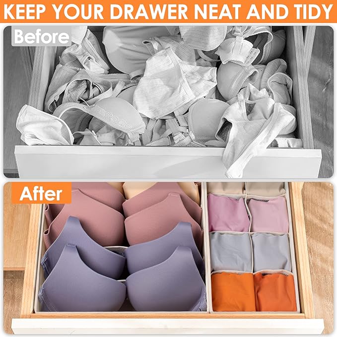 6 Pack Sock Underwear Drawer Organizer Dividers, 58 Cell Foldable Fabric Dresser Closet Organizers and Storage Bins for Clothing, Baby Clothes, Bra, Panty, Scarf, Ties (Beige) - Image 2