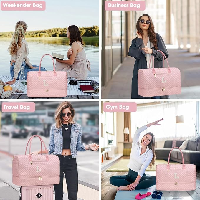 Letter Weekender Bags for Womens - Duffle Bag with Shoe Compartment Personalized Overnight Bag with Toiletry Bag Duffel Bags for Gym Hospital Bags Gift for Women Pink (Letter L) - Image 6