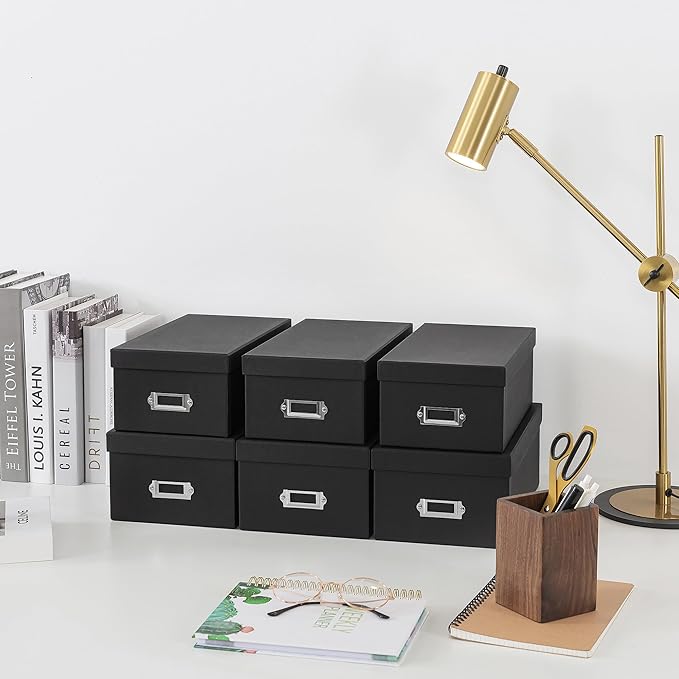 Soul & Lane - Black Photo Storage Boxes with Lids, Set of 6 in 2 Sizes | Cardboard Picture Organizers with Label Holders for Crafts and Collectibles, Stackable Keepsake Containers for Shelf Decor - Image 2